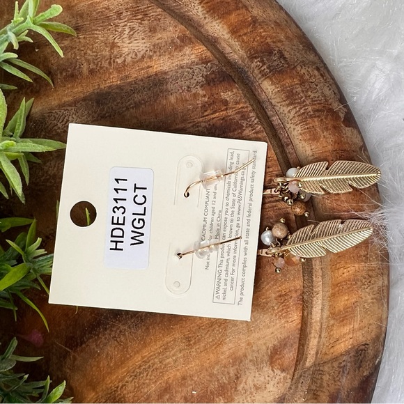 Riah Feather Beaded Drop Gold Statement Earrings Boutique New - Picture 7 of 7